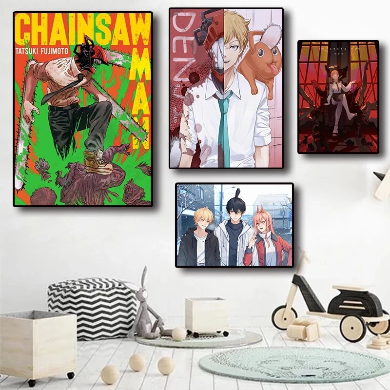 

Japan Hot Anime Figure Classic Chainsaw Man Whitepaper Decorative Painting Picture Wall Art Kids Room Home Decor Canvas Poster