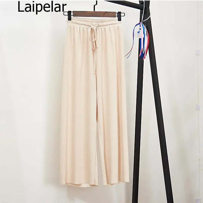 

Women Summer Thin Knit Trousers Black Wide Leg Loose Pants Ankle Length Pants Casual Trouser Elastic Waist Plus Size Pants