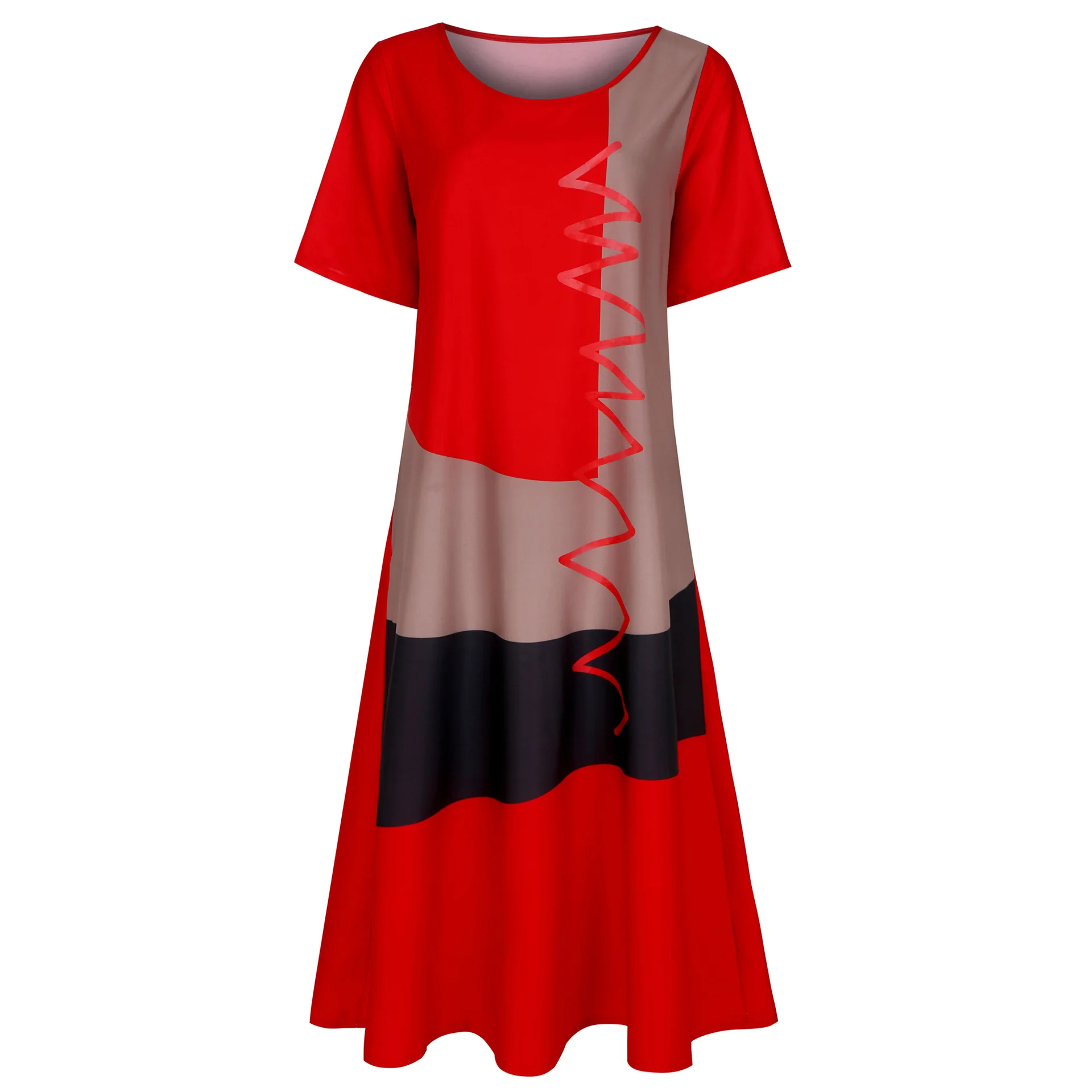 

2020 Spring And Summer Women's Printed Casual Loose Dress Round Neck Short Sleeve Pocket Loose Waist Dress