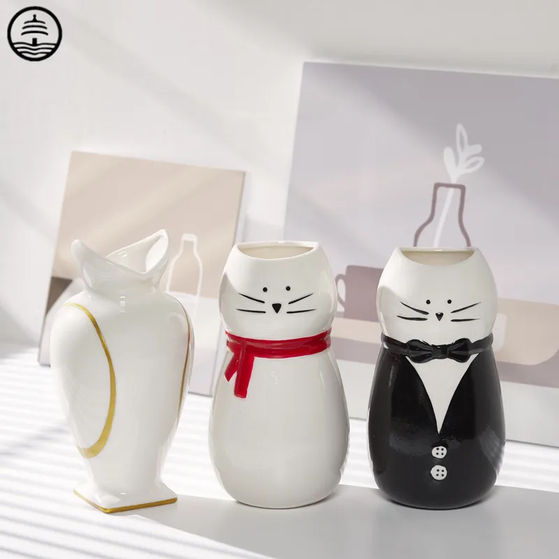 

BAO GUANG TA Nordic Ceramic Art Cat Owl Vase Ideas Dried Flower Arranging Pottery Craft Hydroponics Modern Home Decoration R7080