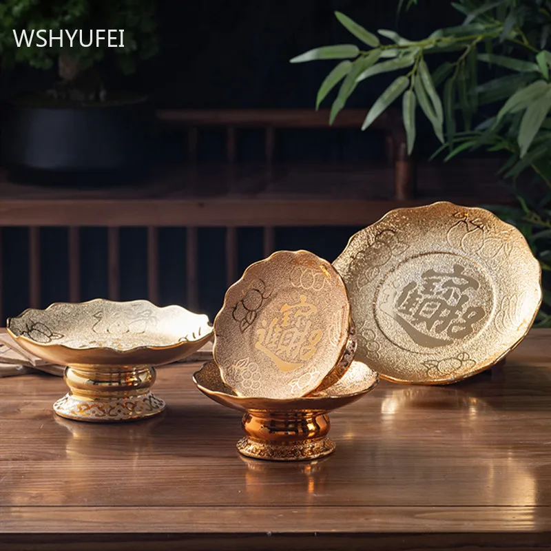 

Buddha Hall Ceramics Fruit Plate Ornaments Living Room Coffee Table Snack Plate Traditional Buddhist Enshrine Plate Decoration