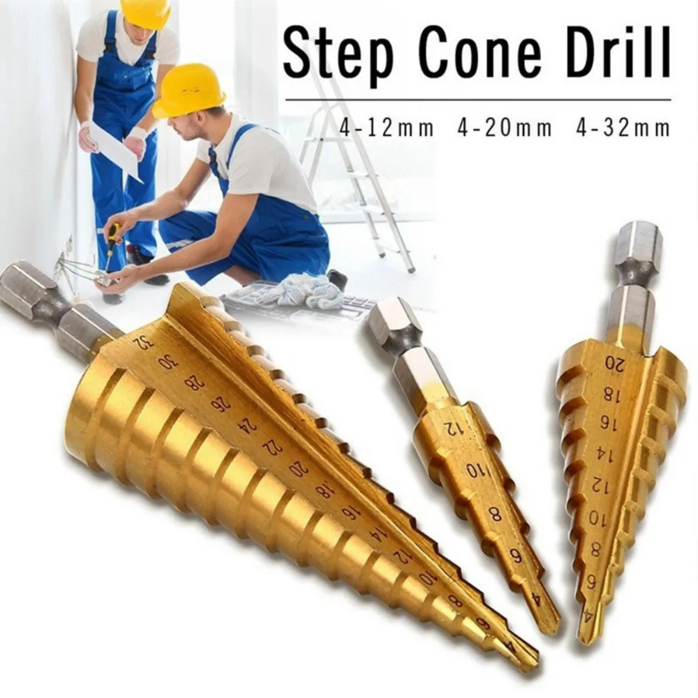 

3pcs HSS Titanium Coated Step Drill Bit 4-12 4-20 4-32 Drilling Power Tools Metal High Speed Steel Wood Hole Cutter Cone Drill