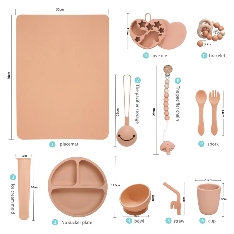 11pcs Baby Feeding Silicone Dinner Plate Bowl Fork Spoon Kids Tableware Set Fashionable Pure Children's dishes Bowl Baby Stuff