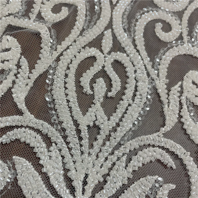 Luxury White Heavy Beads Big Embroidery Patch Wedding Dress Applique Lace Fabric DIY Bridal Gown Fabric images - 6