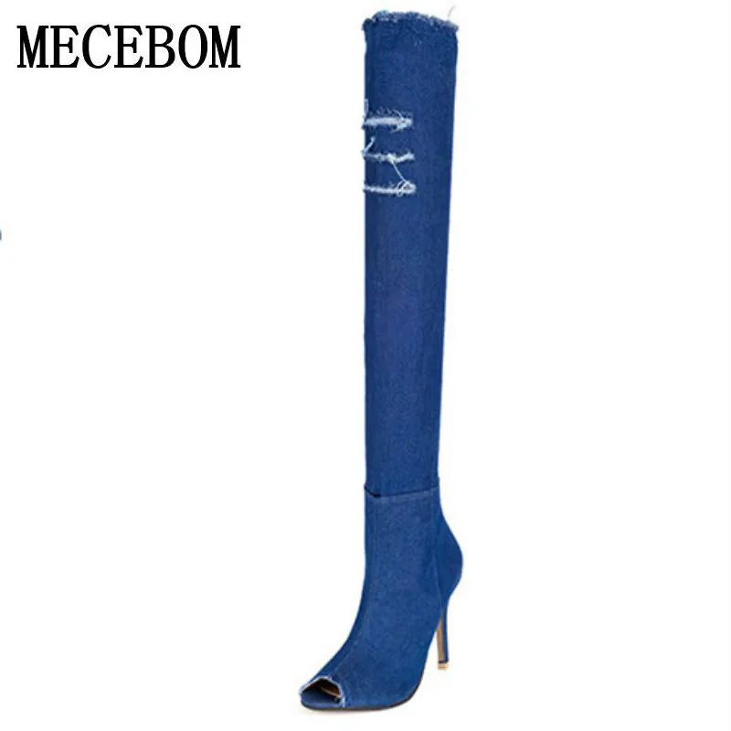 MECEBOM/Новые Модные женские джинсовые сапоги выше колена на высоком каблуке Сезон