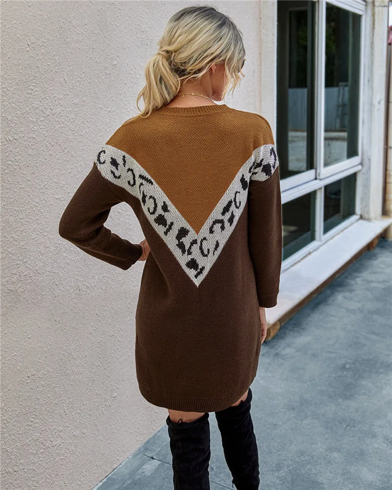 

Knitted Sweater Dress 2021 Fall Autumn Leopard Print Patchwork Long Sleeve O-neck Dresses Winter Warm Loose Short Mini Vestidos