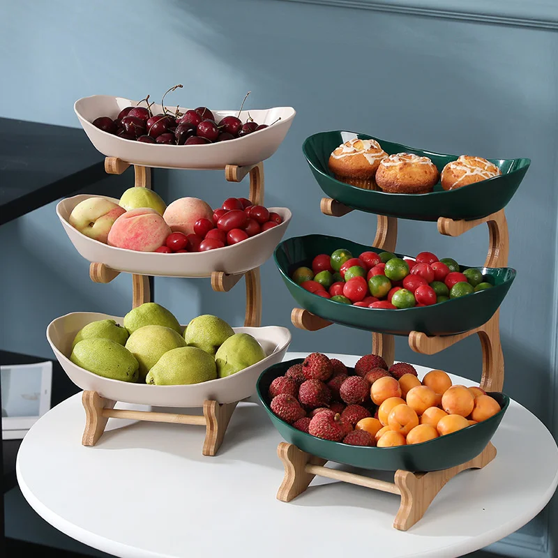 

2/3 Tiers Plastic Fruit Plates With Wood Holder Oval Serving Bowls for Party Food Server Display Stand Fruit Candy Dish Shelves