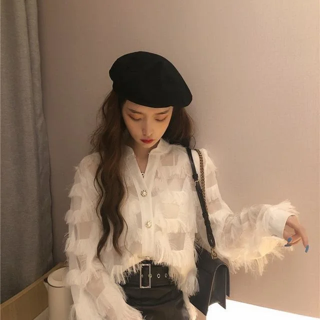 

Blouse Women Autumn Retro Tassel Loose-Fitting V-neck Long Sleeves Shirt for Women Blusas Ropa De Mujer