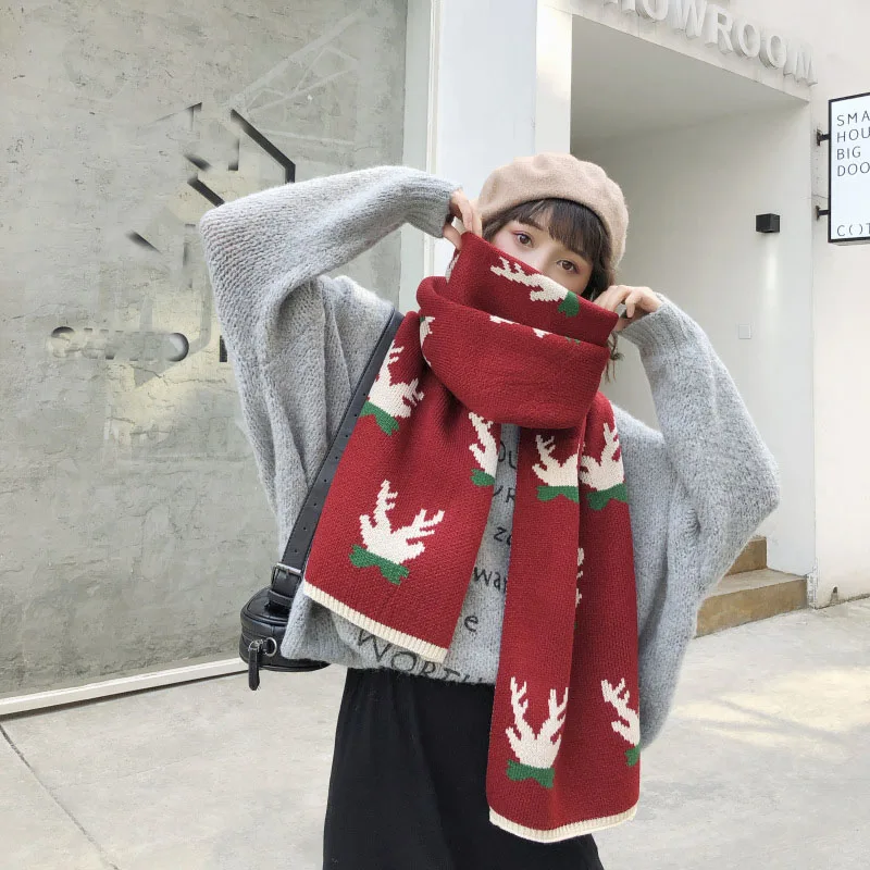 Зимний женский Рождественский шарф роскошный зимний вязаный теплый красный
