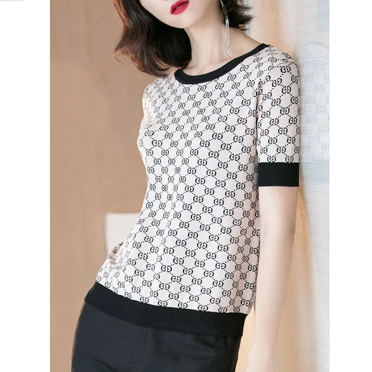 

Ice silk short sleeve knitwear women's spring 2021 new casual Joker T-shirt retro loose temperament jacket tide