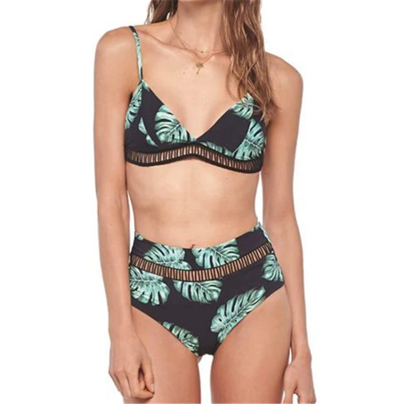 2020 комплект бикини с высокой талией купальник принтом зеленых листьев женский