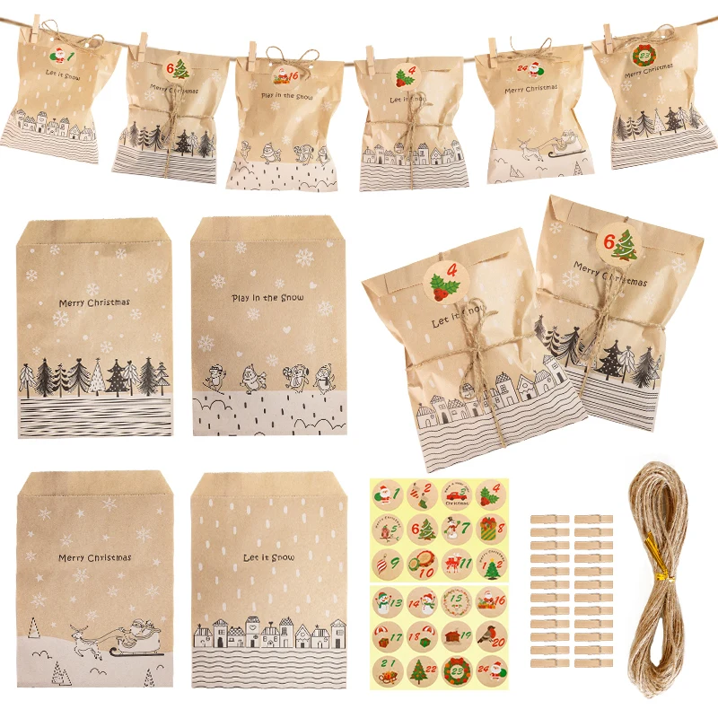 24Sets Vintage Kraft Paper Bags Santa Claus Elk Merry Christmas Gift Bags Xmas Party Favor Bags Candy Cookie Packaging Supplies