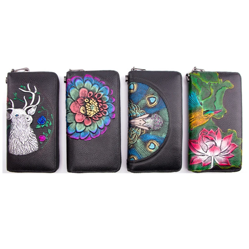 Винтажный женский кошелек из натуральной кожи с тиснением лотоса/оленя/павлина