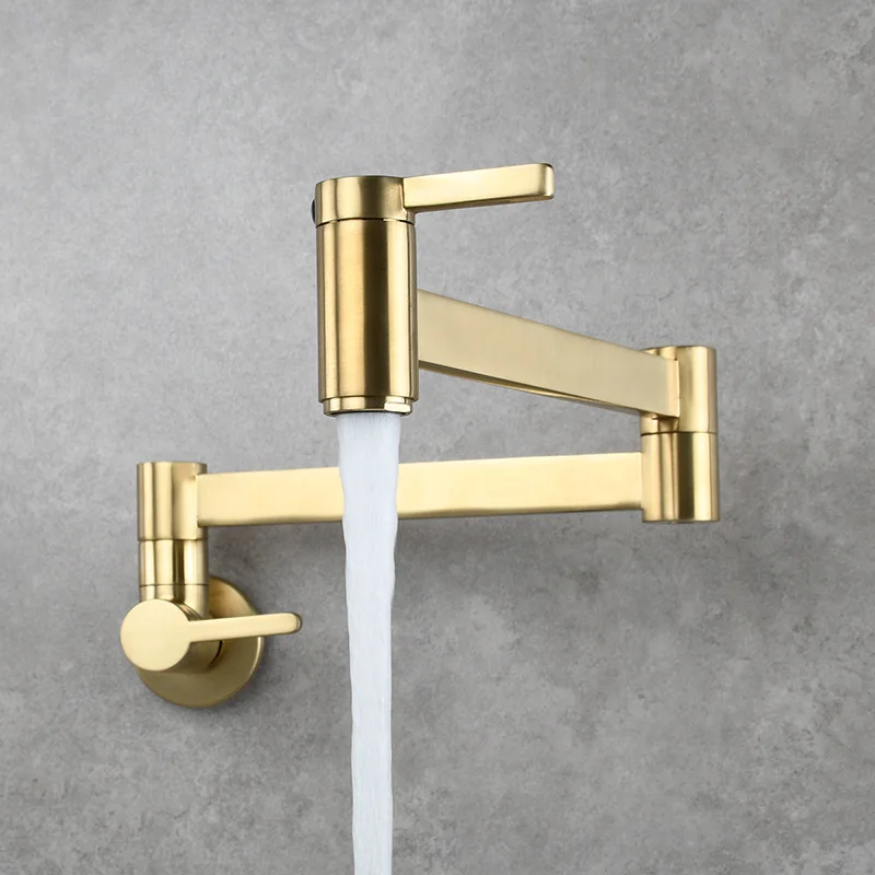 Pot Filler Tap Wall Mounted Foldable Kitchen Faucet Single Cold Single Hole Sink Tap Rotate Folding Spout Brushed Gold Brass