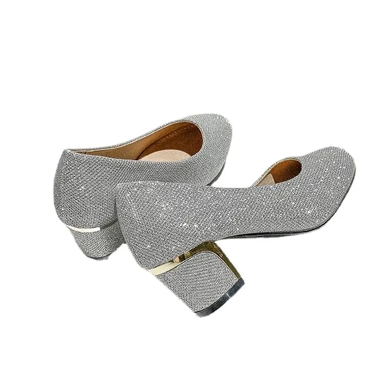 

Large Size 42 43 Sequined Cloth Block Heels Slip on Woman Pumps Mid Heels Sliver Black Gold Bridal Shoes Fashion New Loafers