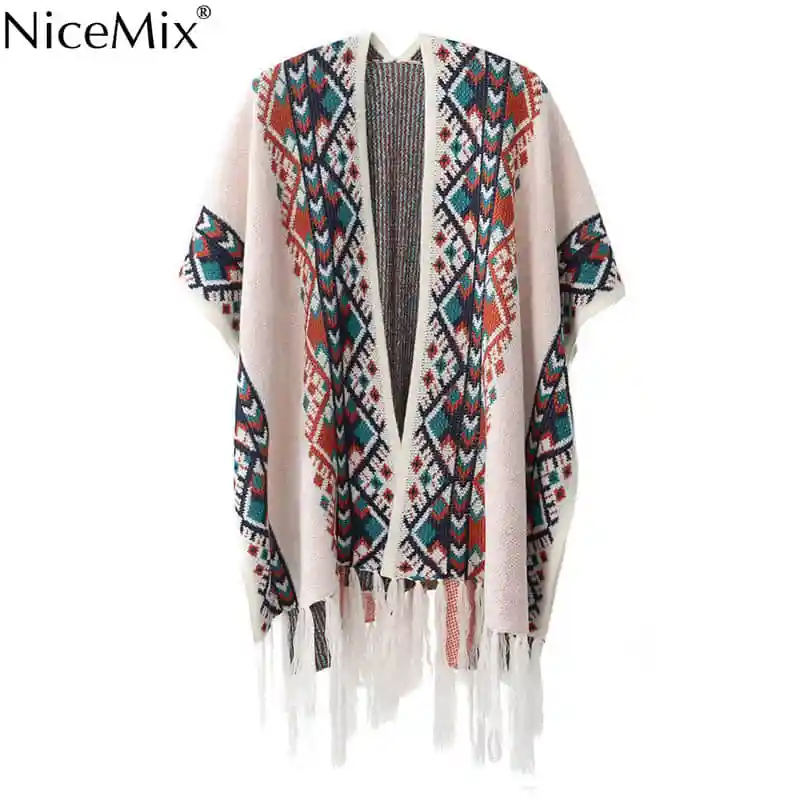 Винтажный кардиган NiceMix 2020 женское пончо накидка с рукавом летучая мышь свитер