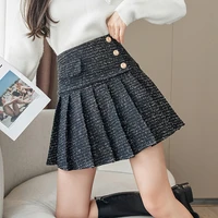 bright silk tweed skirts women high waist metal buttons pleated skirt zipper woolen shorts skirt elegant office lady autumn m235