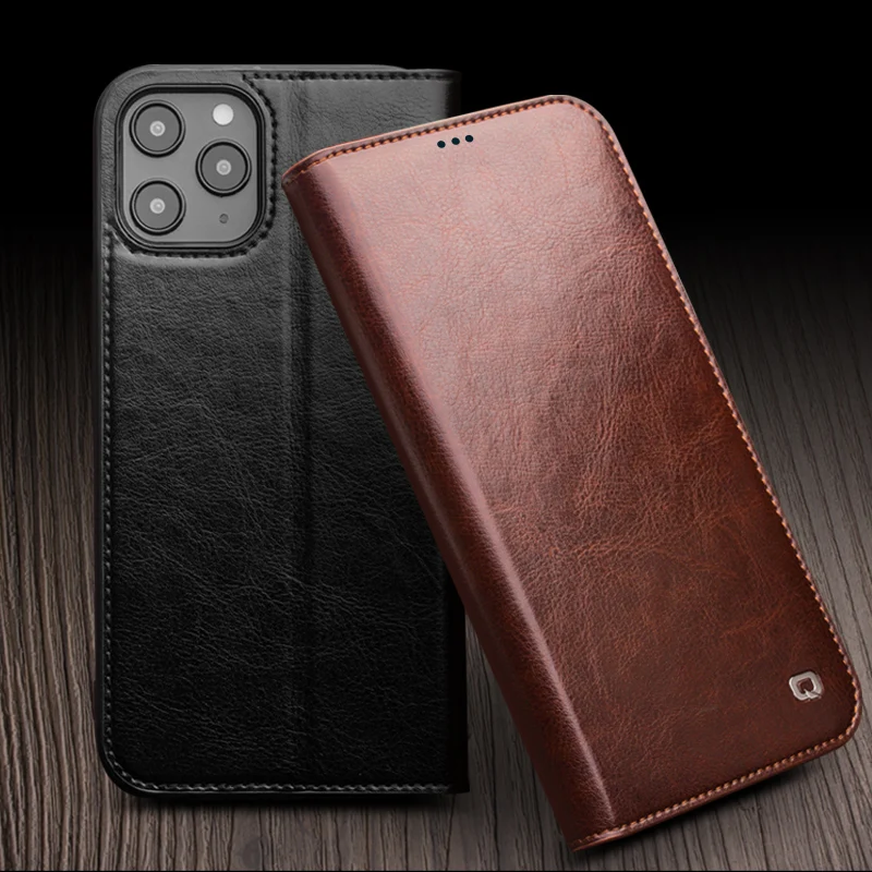 

Qialino Real Leather Flip Cover For Iphone 12 11 Pro Xs Max Xr Business Card Slots Wallet Pocket Kickstand Shell Protection Case