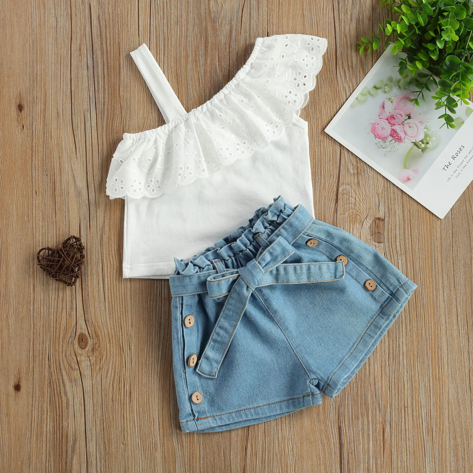 

Infant Kids Baby Girls 2Pcs Set Clothes One Shoulder Lace Ruffled Tops Shirt Denim Shorts Summer Fashion Outfits 18M-6Y