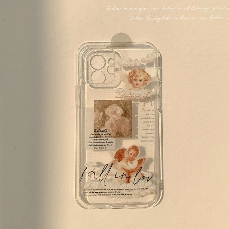 Retro rose angel cute transparent clear phone case for iphone xr xs max x 8 7 plus 11 12 mini 13 14 pro max soft silicone cover