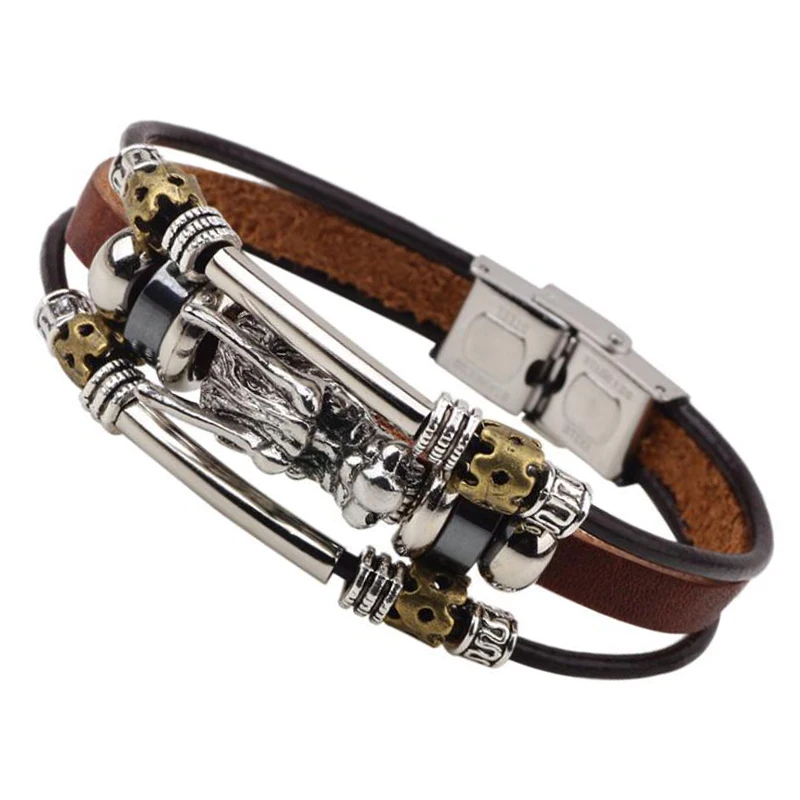 Браслет мужской из натуральной кожи серебристого цвета с застежкой нержавеющей