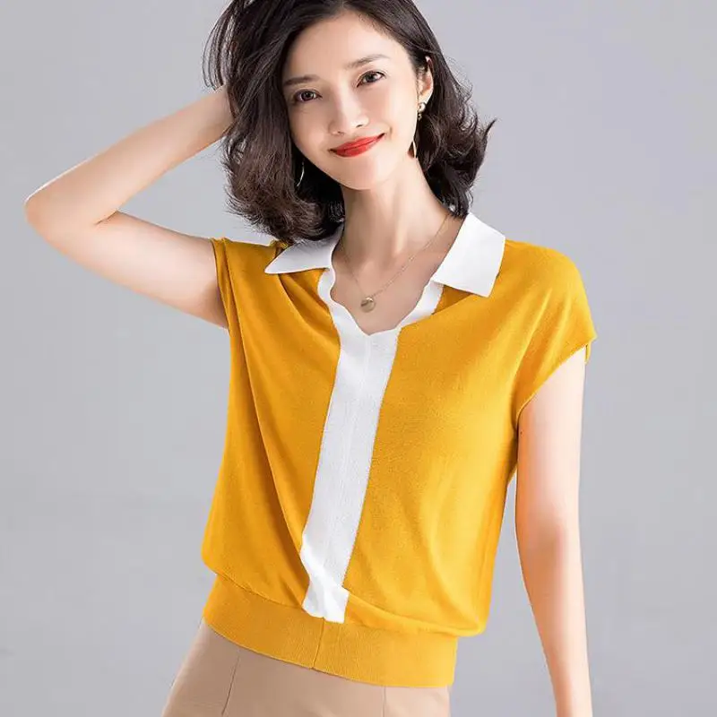 Summer Autumn Office Lady Knitted Sweater Turn-down Collar 3 Color Fashion Pullover Patchwork Size S-xl Women | Женская одежда