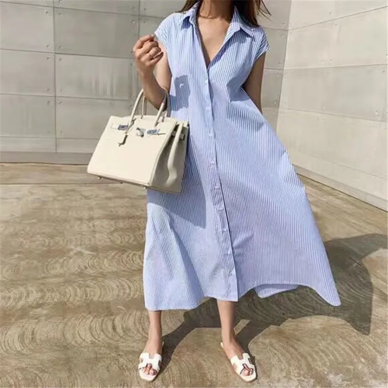 

GOOHOJIO New 2020 Women Summer Shirt Dress Solid Multi Colors Casual Sleeveless Striped Oversize Lace Up Long Dress One Size