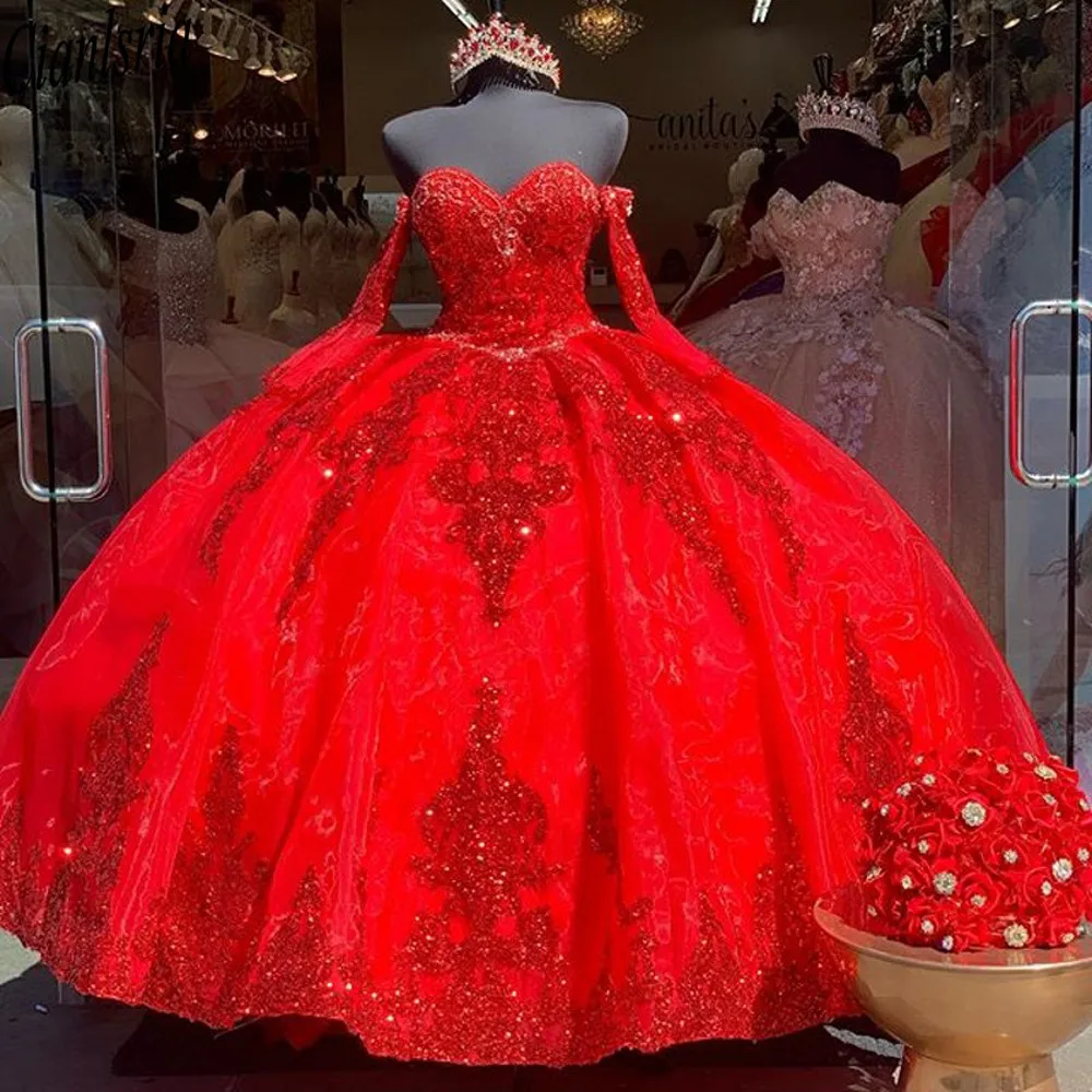 

Red Organza Sweet 16 Quinceanera Dress Sequined Applique Beaded Sweetheart Pageant Dress Mexican Girl Birthday Gown