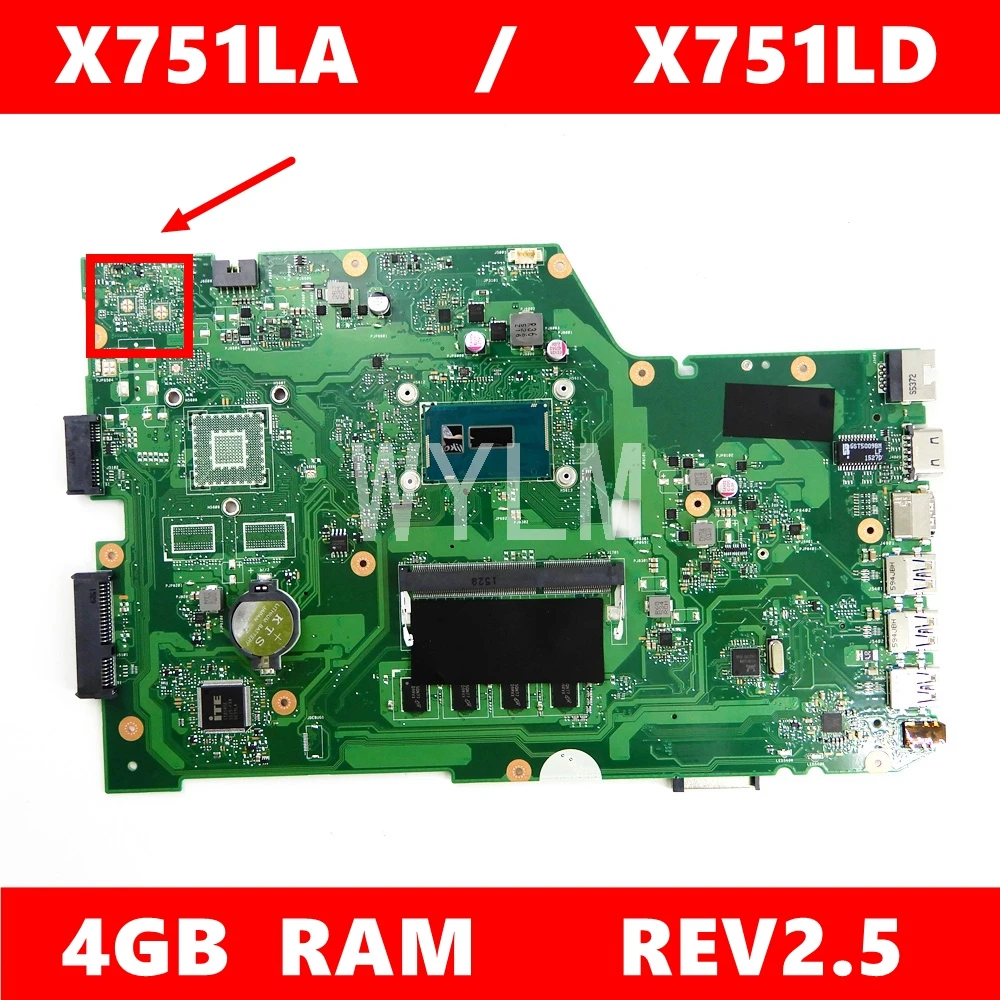 

Материнская плата X751LA 4 Гб ОЗУ i5-5200CPU REV 2,5 для ASUS A751L R752LA R752LD X751LN X751LD X751LJ, материнская плата ноутбука полностью протестирована