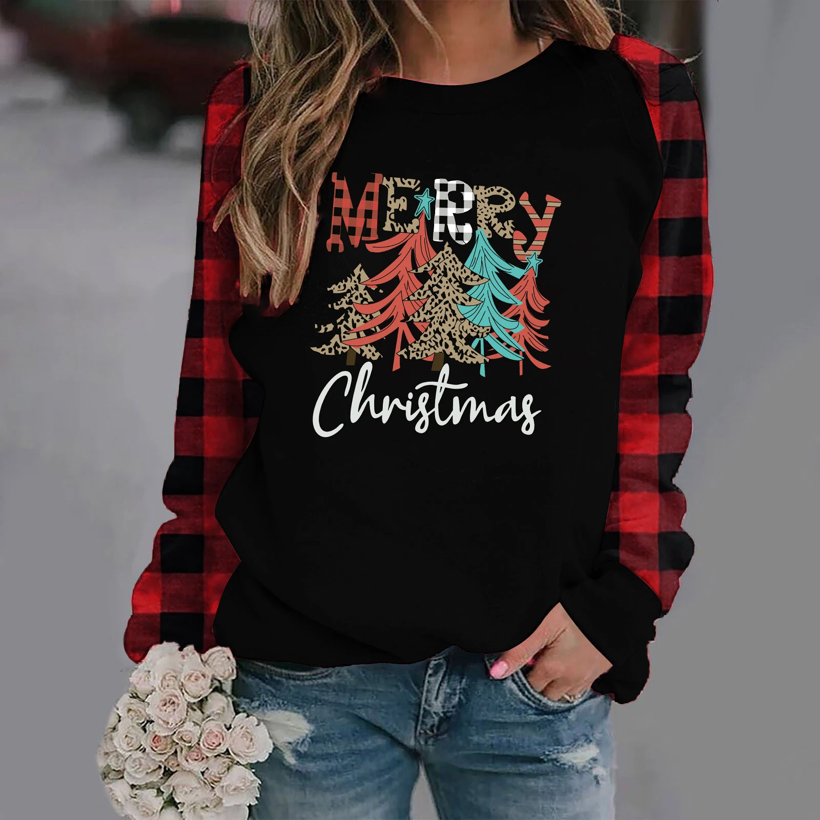 

2021 Christmas Tree Print Women T Shirt Contrast Buffalo Black and White Stitching Plaid Long Sleeves Tee Shirt Sweatshirt