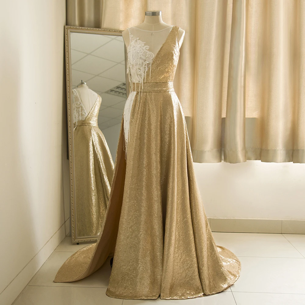 

Женское длинное вечернее платье, роскошное платье с золотыми блестками, бусинами и бахромой, с длинным рукавом и Боковым Разрезом, платье дл...