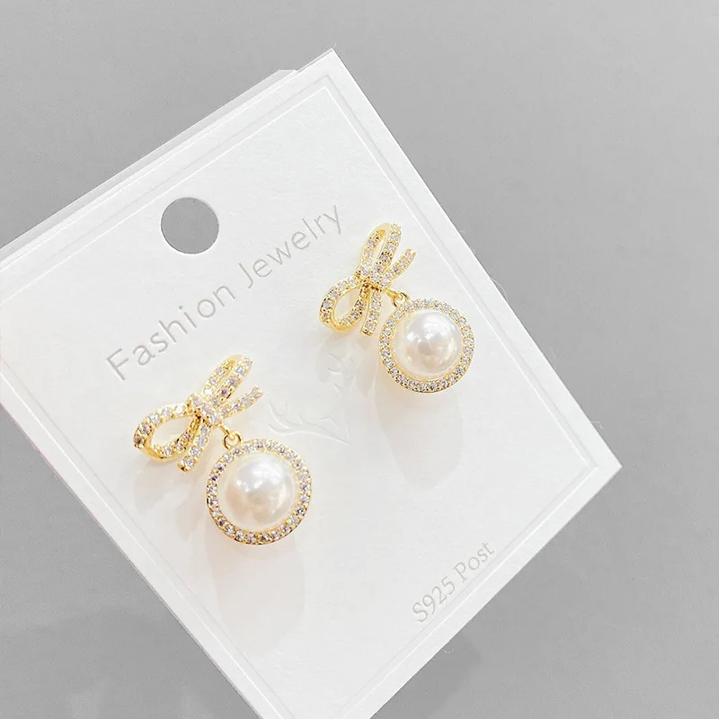 

Korean Style New Sterling Silvers Needle Bow Pearl Earrings Internet Influencer Stud Fashion Minimalism