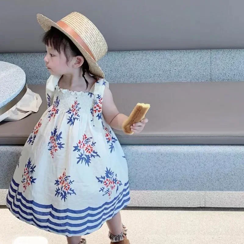 

Children's Dress 2021 New Girl Clothes Summer Sleeveless Print Holiday Style Suspender Casual Girl Dress