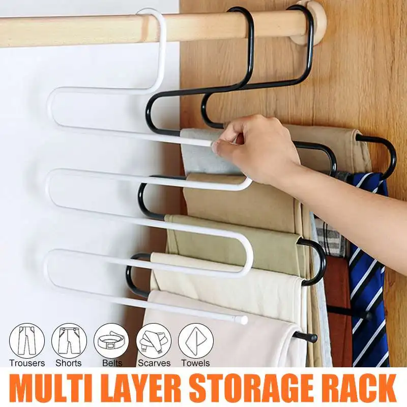 

5 layers Stainless Steel Clothes Hangers S Shape Pants Storage Hangers Clothes Storage Rack Multilayer Storage Cloth Hanger