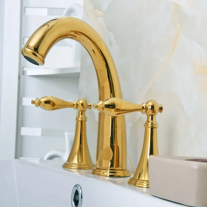 

Роскошный золотой цвет латунь с двумя рычагами 3 отверстия установка широкое бортике Ванная комната раковина кран раковина смеситель mgf020