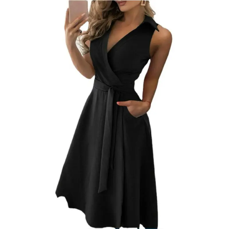 

Womens Plain Summer Sleeveless Beach Holiday Party Sexy V Neck Fit Slim Dresses