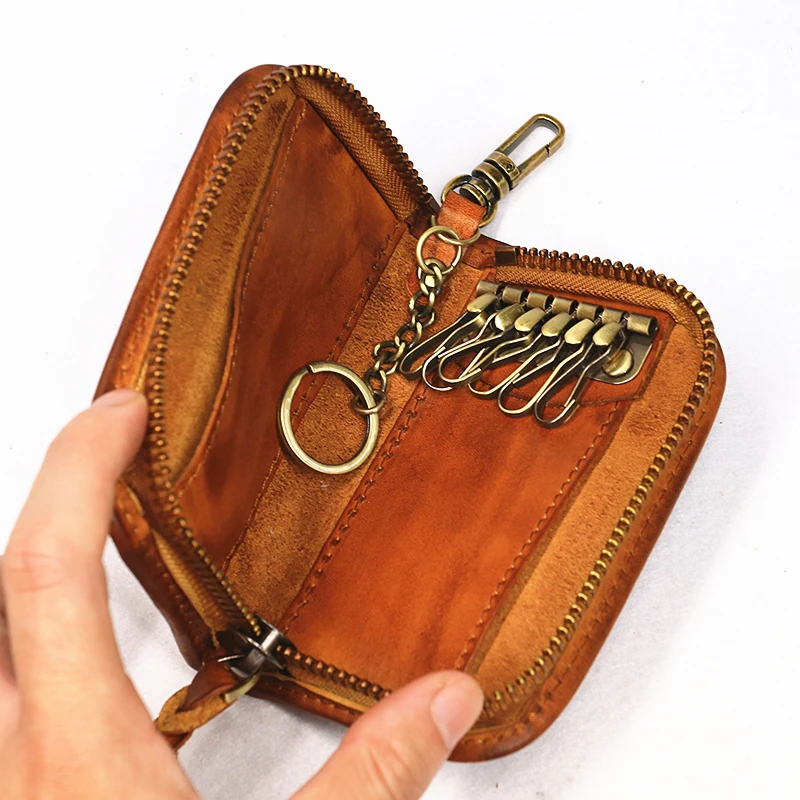 

Genuine Leather Key Wallet For Men Women Short Vintage Handmade Zipper Car Key Card Holder Coin Purse Bag Organizer Housekeeper