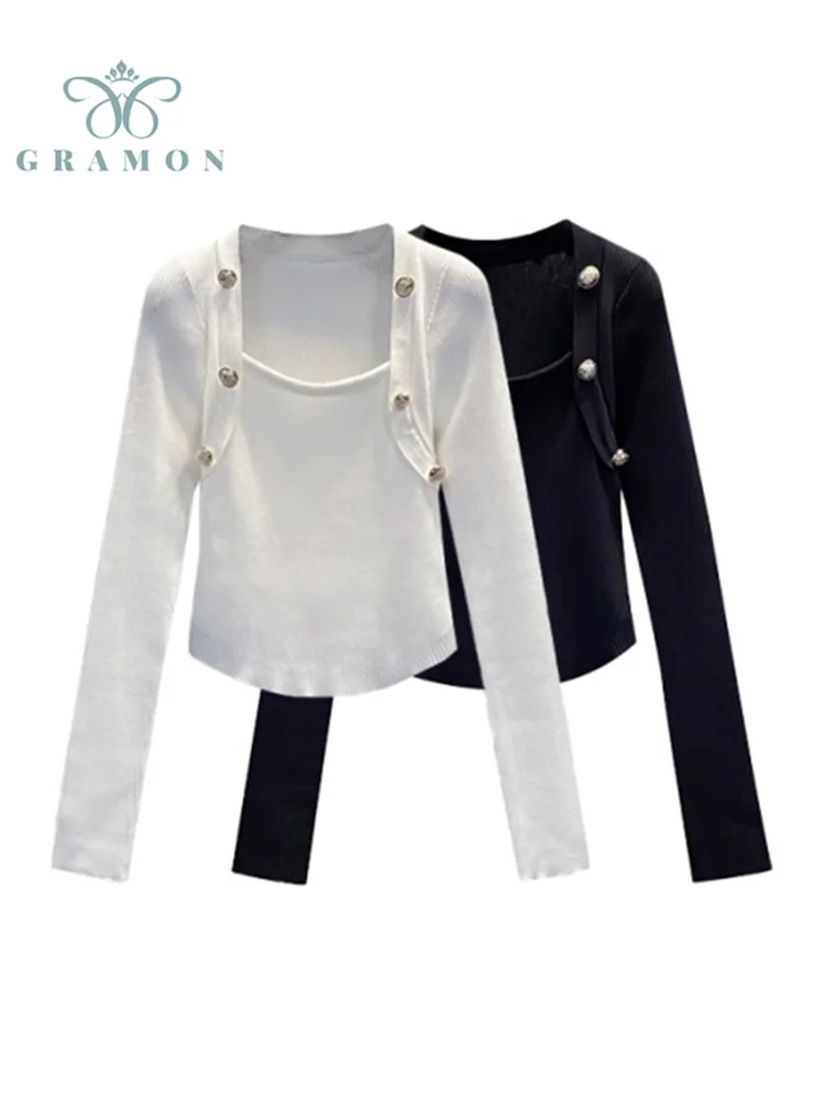 

Knitted Long Sleeve Bottoming Pullovers Tops Femme Spring Autumn Fashion Square Neck Casual Crop Top Plus Size Women Clothing