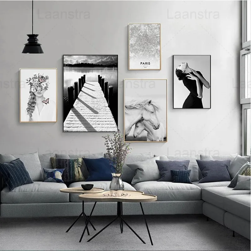 

Landscape Figure Posters Home Decor Nordic Canvas Painting Wall Art Picture Black and White Lady Decor Prints for Living Room