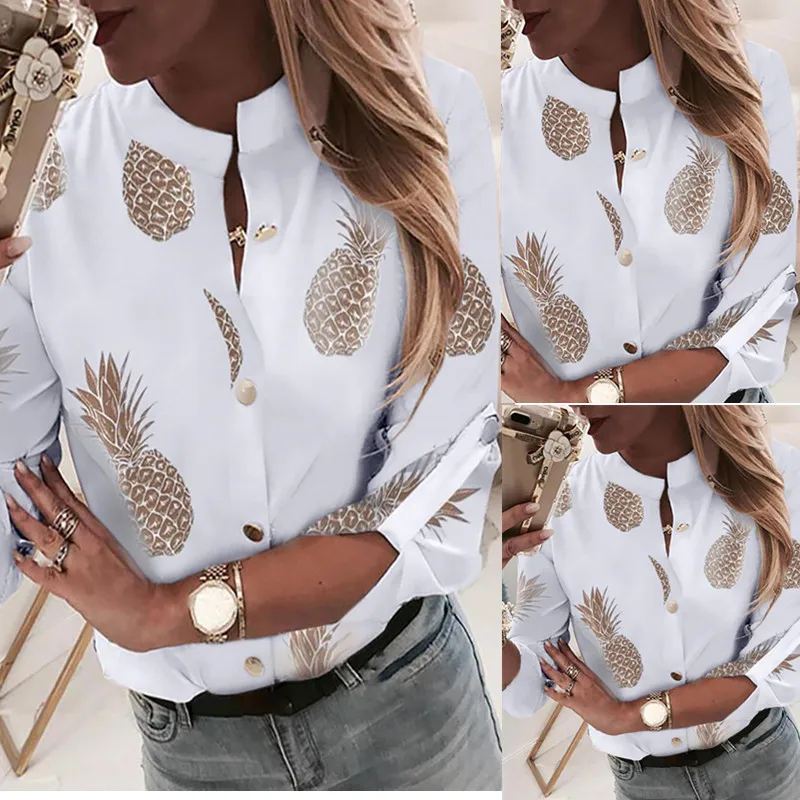 

2021 new women's clothing autumn sexy wan sleeves V-neck casual pineapple print shirt plus size women clothing