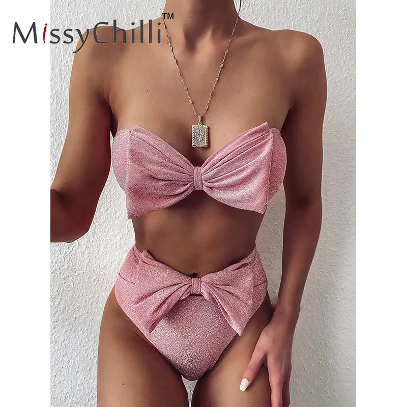 Бикини с люрексом MissyChilli и бантом купальник открытыми плечами женское бикини