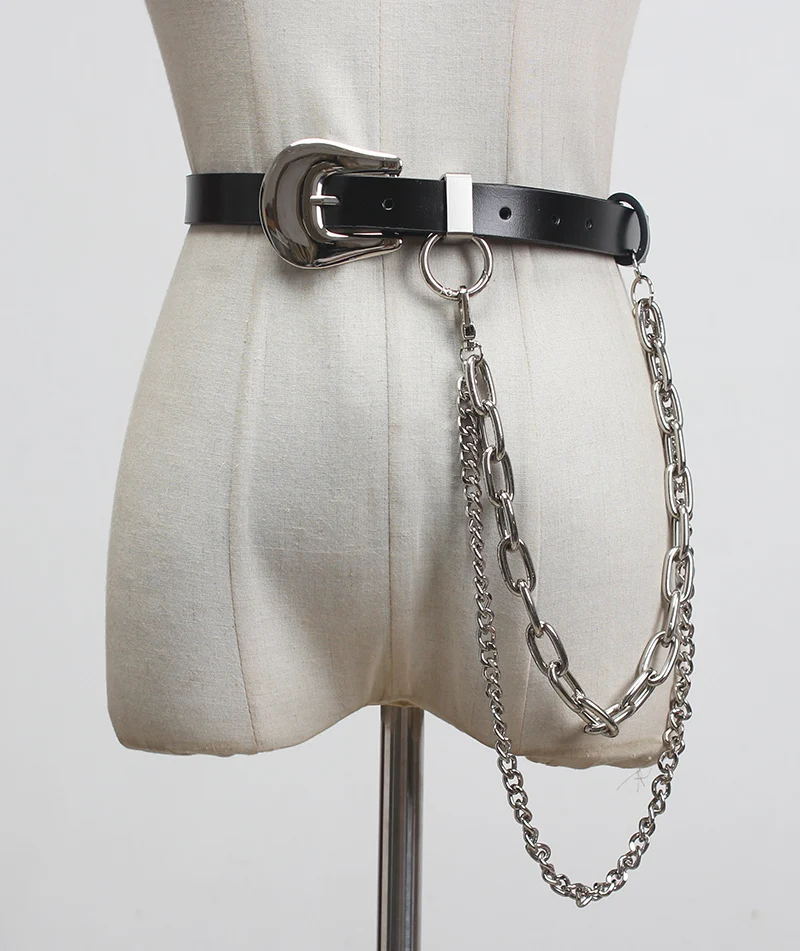 

Adult Unisex Punk Waist belts Double Chains Genuine Cow Leather Pant Belts Waist Chyains Street DJ Hip Hop Women Men Jean Belt