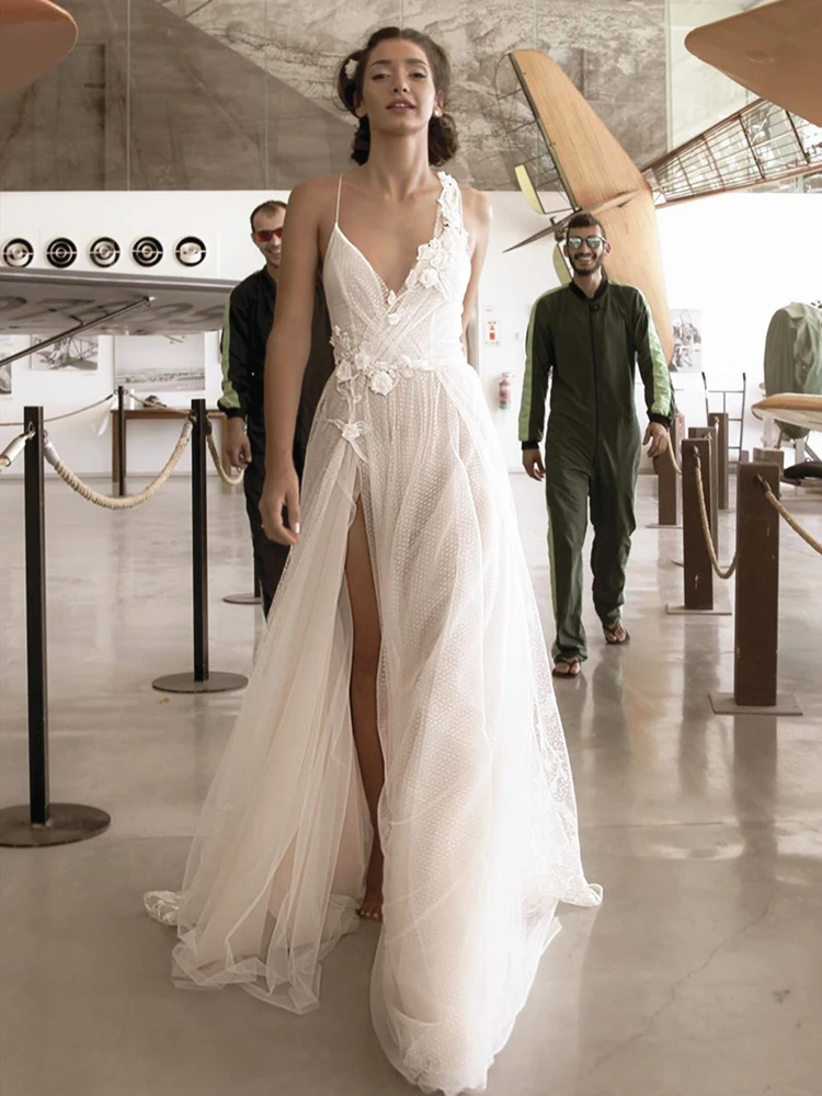 Сексуальные свадебные платья с высоким разрезом на тонких бретельках открытой