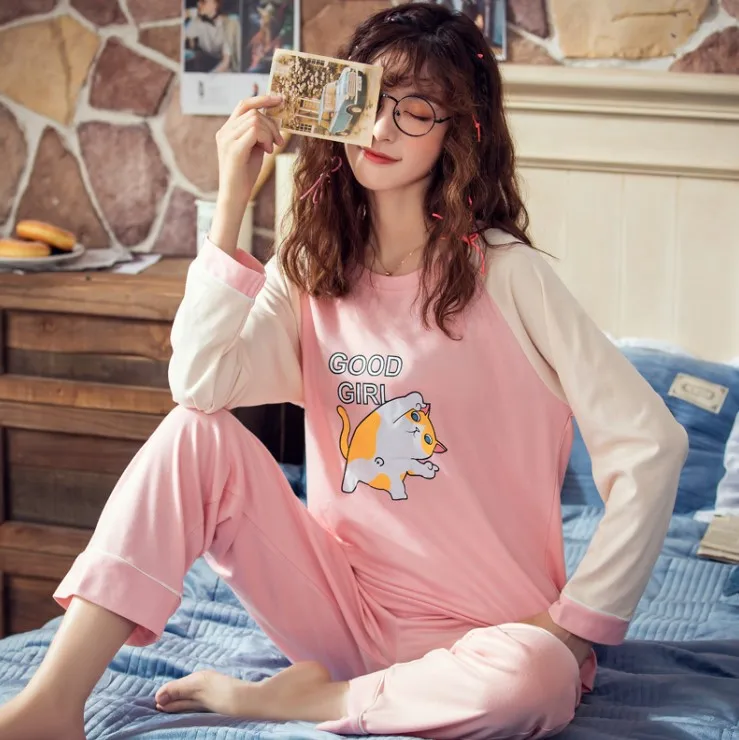 Большие размеры, M-XXL, женские пижамные комплекты, хлопок, одежда для сна, весна-осень, пижамы с длинным рукавом, пижамный комплект с круглым вырезом, женские пижамы - Цвет: MX2691