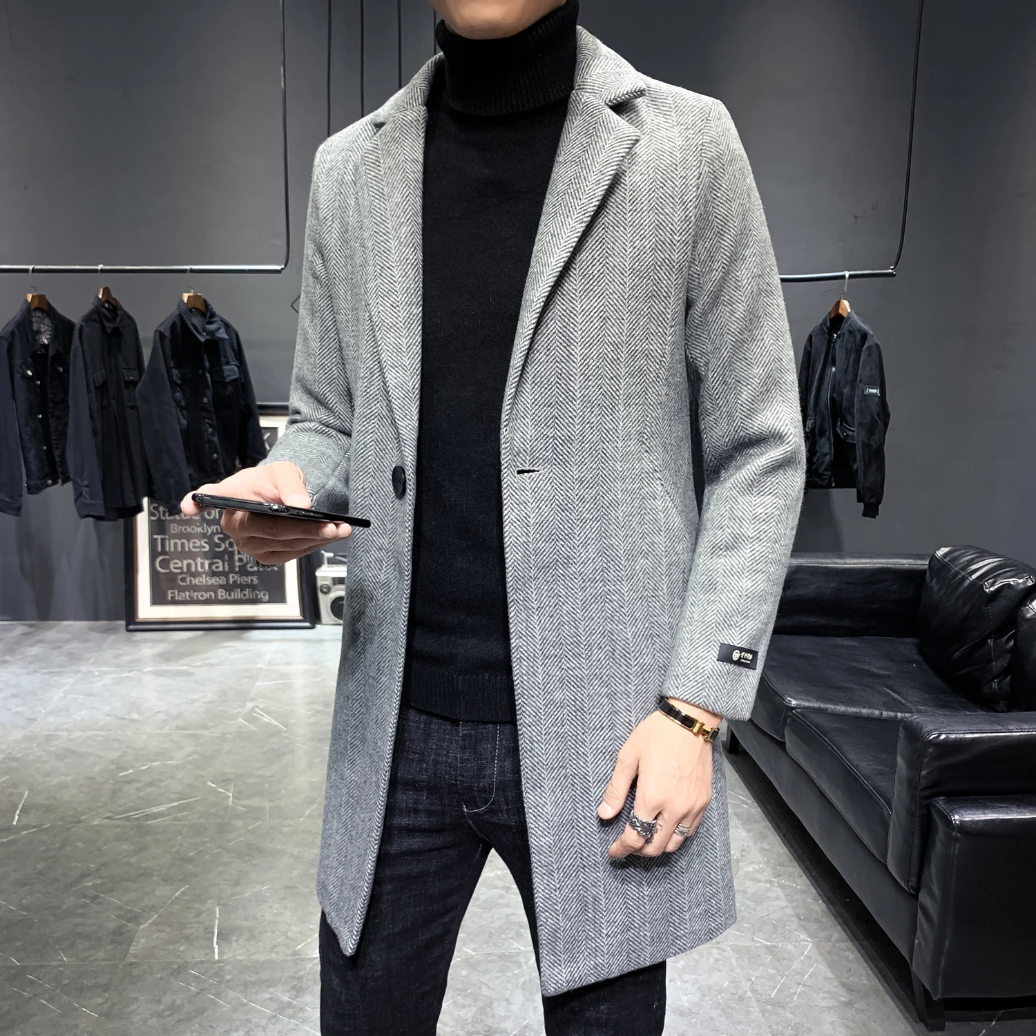 

Korean Mens Wool Trench Coat Jacket Autumn Winter Long Slim Fit Casual Business Windbreaker High Quality Overcoat Men Clothing