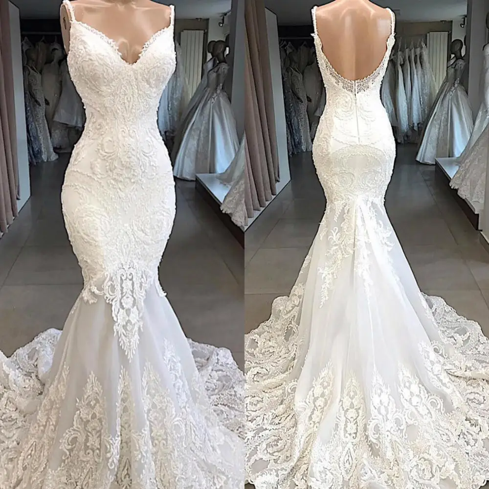 Женское свадебное платье с юбкой-годе белое кружевное русалки открытой спиной и