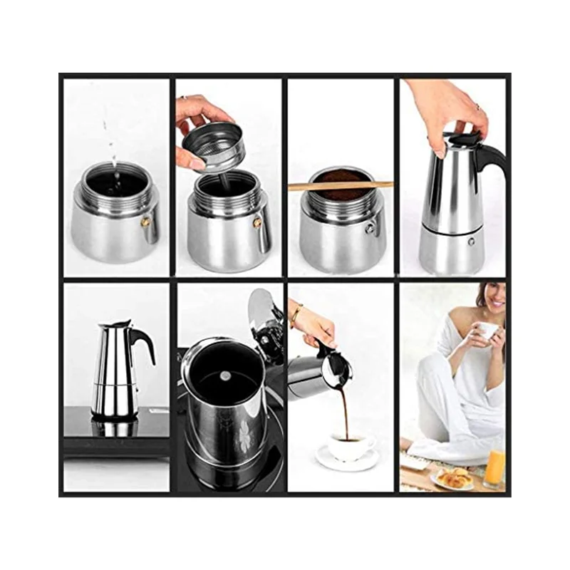 

Stainless steel moka pot, leak-proof spout with plastic handle, European style coffee cup and portable electric coffee pot