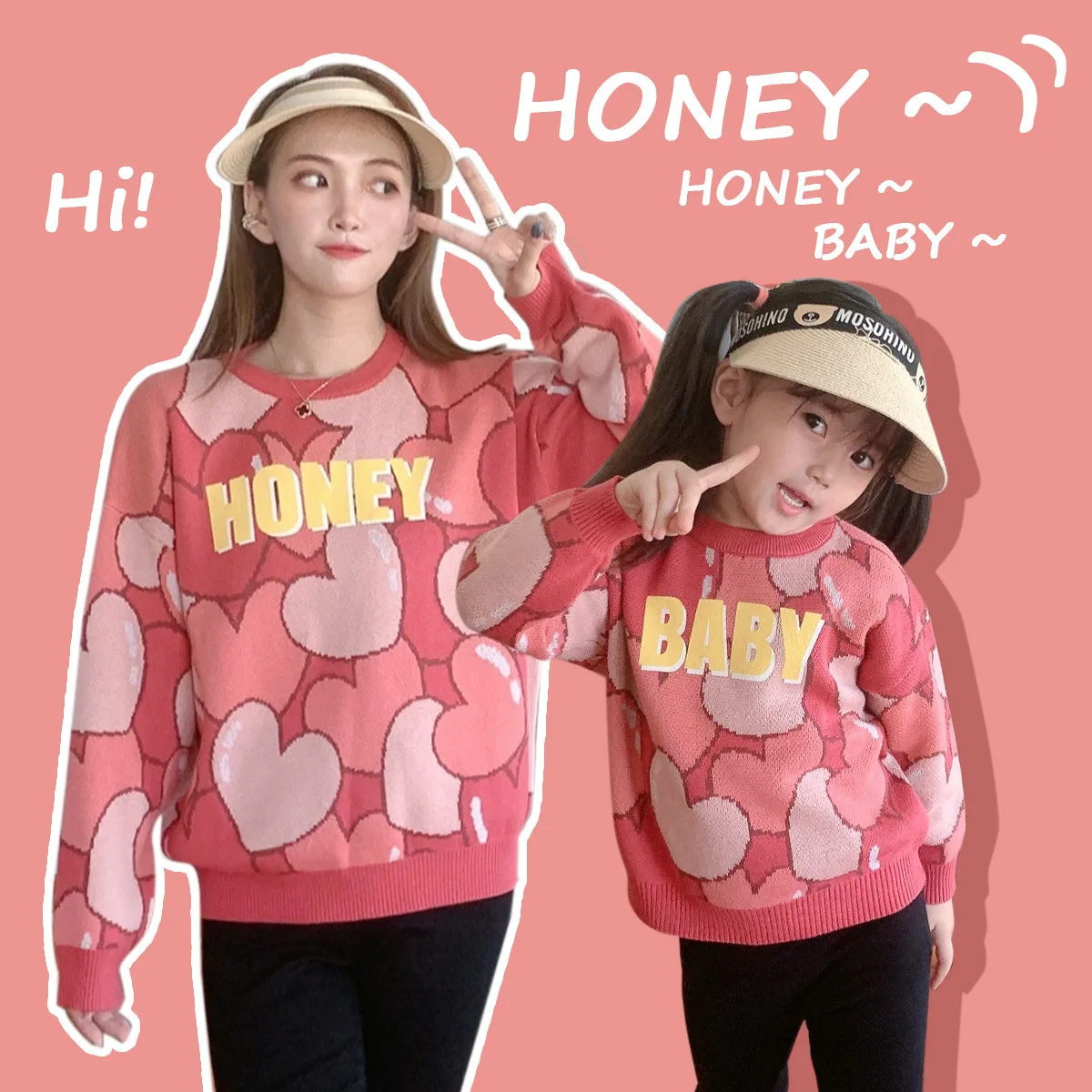 

Autumn and Winter New Girls' Pink Love Parent-child Long Sleeved Sweater