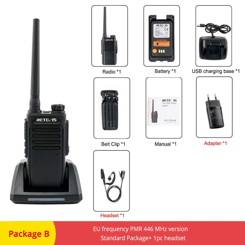 Package B RETEVIS RT47/RT647 IP67 водонепроницаемая рация PMR радио PMR446/FRS VOX 2 способ радио Comunicador трансивер для Baofeng UV-9R - Цвет: Package B
