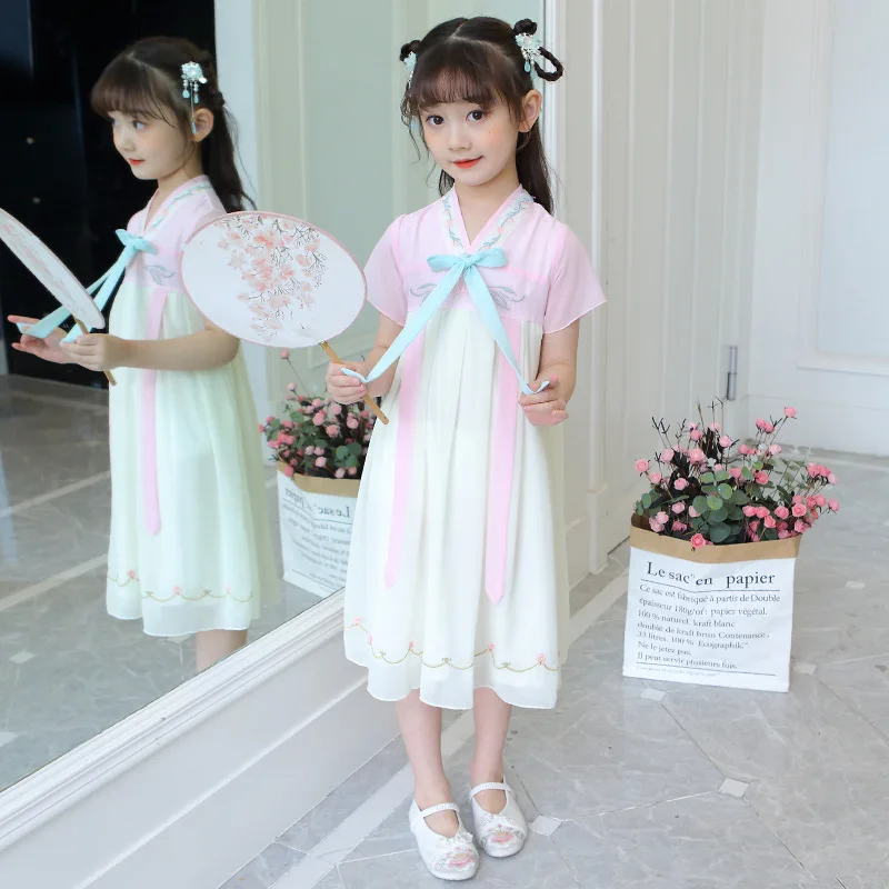 Hanfu /Новинка 2020 г . Летнее Детское винтажное платье с вышитыми цветами Шифоновое